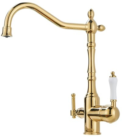 HomeLava Grifo para fregadero de cocina de latón, Grifo de cocina de 3 vías para sistemas de ósmosis, Mezclador de cocina 3 en 1 para agua potable con doble palanca, giratorio 360°, Dorado