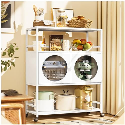 Armario de cocina blanco con almacenamiento de vino y soporte rodante para microondas, marco de metal, almacenamiento para comedor, sala de estar y estudio, 90 cm de altura, solución de almacenamiento