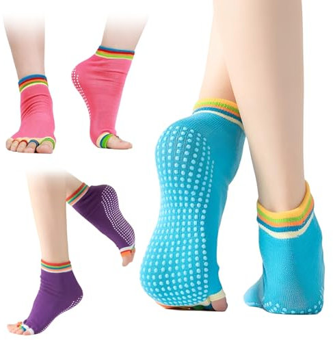 Jicyor 3 Pairs Zehensocken Damen,Rutschfeste Yoga Socken für Damen,AntiRutsch Stoppersocken Antirutschsocken Damen für Yoga (DE/NL/SE/PL, Alphanumerisch, M, Regular, Regular, 3.0, Lila, Rosa, Blau)