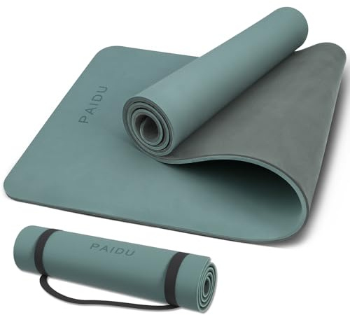 PAIDU Yogamatte, rutschfest, reißfest, extra dick, 178 x 61 x 1 cm, für alle Altersgruppen, Tragegurt, Yoga, Pilates und Fitness (Dunkelgrün + Grau)