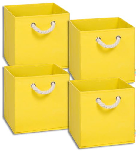 Storanda | 4er Set Aufbewahrungsbox | Kordel Griffband | Stabile & Faltbare Boxen | Regalboxen für Würfelregal Kallax | Ideal für Zuhause & Kinderzimmer | 30x30x30 cm | Gelb