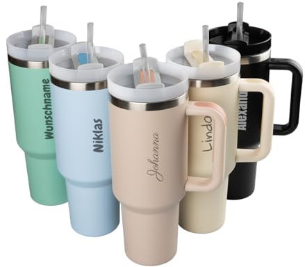 ORWO - XXL-Thermobecher | 1,2 Liter | aus Edelstahl | personalisiert mit Gravur | isolierter Trinkbecher mit Griff, Deckel und Strohhalm | für heiße und kalte Getränke (Creme, Name)