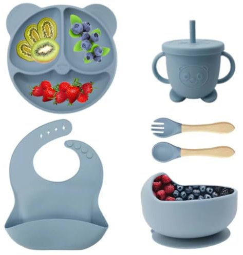 Eliano 6-teiliges Silikon Baby Geschirr Set – BPA-frei – Rutschfester Teller & Schüssel, Lätzchen, Trinklernbecher mit Strohhalm & Besteck – Baby Led Weaning Set (Blau)