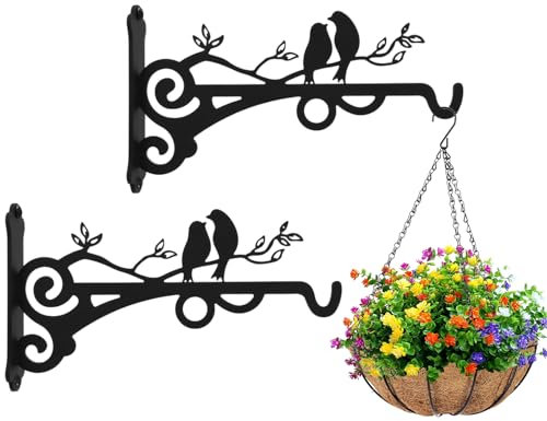 DHFUCNKO Lot de 2 supports de panier suspendus en fer, crochets de plafond pour plantes suspendues, crochets muraux pour fleurs de jardin/carillon/lanterne/lumière/mangeoire à oiseaux, noir