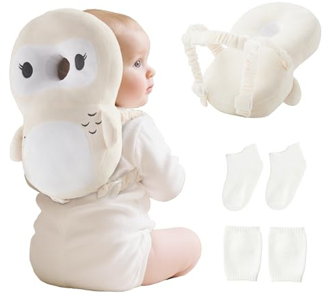 Fortella Mochila de Protección para Bebé, Protector de Cabeza Anticaida Ajustable, Cojin de Seguridad para Caminar, Cascos Bebe, con Rodilleras y Calcetines, Ideal para Gateo Soporte, 5–24M,Búho Beige