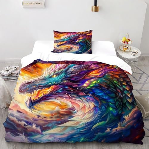 ASOERISMB Giant Dragon Bettbezug Bettwäsche-Sets Kinderbettwäsche Reißverschluss Mit Kissenbezügen Betten Set Für Jungen Und Mädchen, Kinder Single（135x200cm）