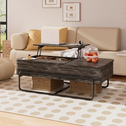 PURFINO Lift Top Coffee Table - 3-Partition Industrial Tables, Pull-Out Drawer, Stable Metal Frame & Hidden Storage, Centre Table for Living Room, Small Space, Home Office