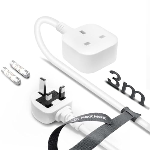 Single Plug Extension Lead 3m, 1 Gang Single Socket Extension Lead Surge Protected, 13amp 250V 3kw UK 3 Pin Fused Mains for Tumble Dryer, Rubber, Tough and Fireproof, White