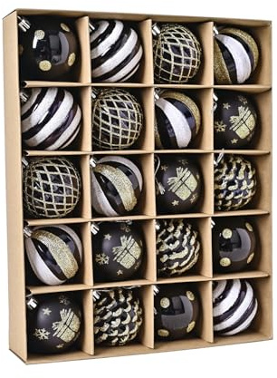 Black Gold White Christmas Baubles, 20pcs 6cm Christmas Tree Ball Ornaments Set, Shatterproof Xmas Tree Decorations