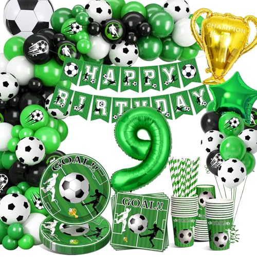 YEJIKJ Fussball Deko Geburtstag Kinder 9 Jahre, Fußball Luftballon 9. Geburtstag, Fußball Deko Partygeschirr Set, Fussball Geburtstagsdeko Jungen 9 Jahre für 16 Gäste