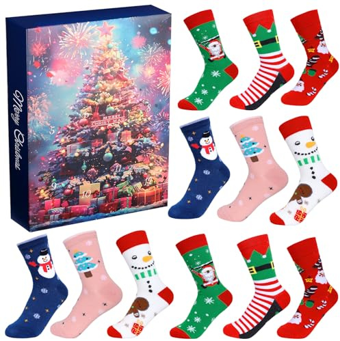 Socken Adventskalender 2025 Damen Herren, 6 Paar Weihnachtssocken Warme Baumwollsocken Lustige Socken Elch Schneemann Weihnachtsmann Weihnachten Geschenk