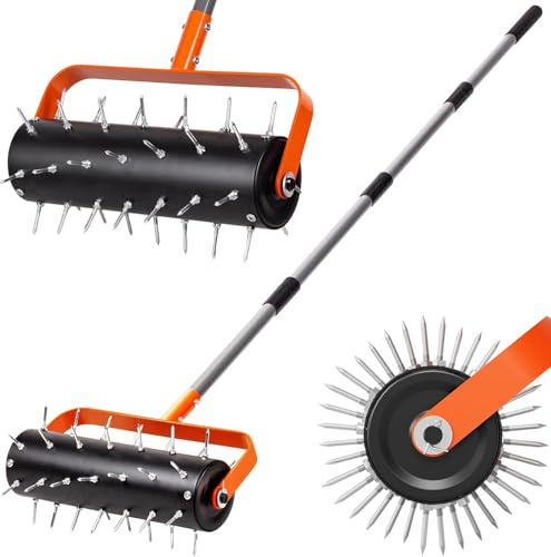 Yangers Aeratore Manuale da Prato, Rullo Arieggiatore Prato con 42 Chiodi in Acciaio, Strumento Rastrello da Giardino Erba Manutenzione Strumenti Raccoglitore di Terra per Giardino Parco Cortili