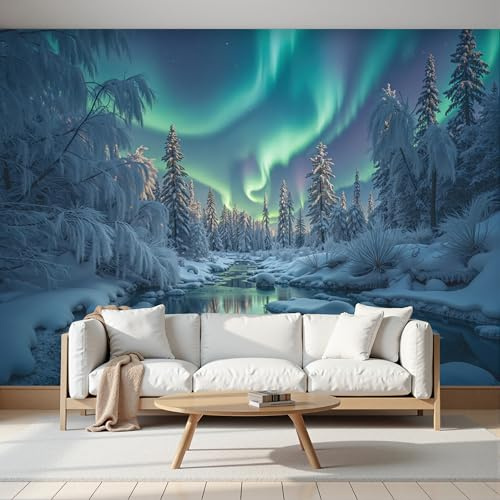 Winter Scenery Murals,Northern Lights Glacial Lake Scenery Wall Mural Wallpaper, Blue-Green Wallpaper for Bedroom Living Room 350 × 256 Cm Artwork Background Wall Stickers (Not Self-Adhesive)