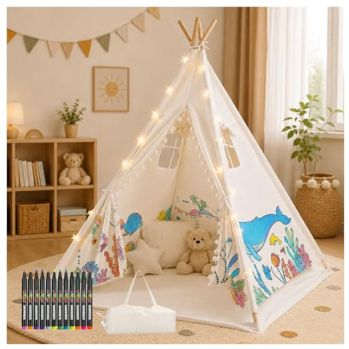 VeftBltrem DIY Tipi Zelt für Kinder Indoor mit 12 Pinsel+Lichterkette+Tasche, 120x160cm Waschbar Kinder Zelt Tipi Zelt Kinderzimmer für Mädchen & Jungen – Malen, Spielen & Entspannen im Kinderzimmer