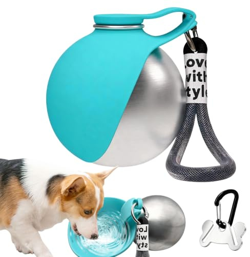 Bebedero Perro Portatil con Cuenco de Silicona Plegable | 285ml Botella de Agua para Perros de Acero Inoxidable, a Prueba de Fugas, para Pasear al Perro, senderismo y Viajes, Azul