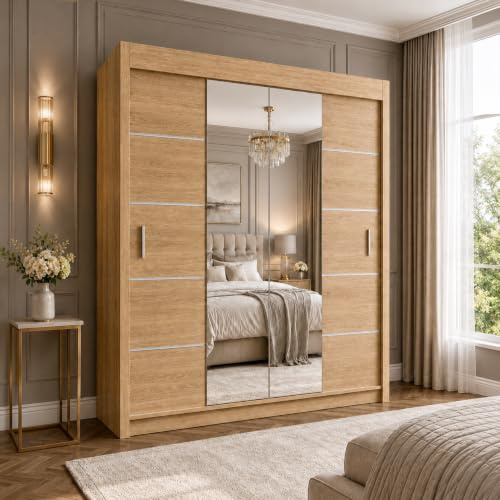 Distro Direct Furniture (DDF) Olive Modern Sliding Door Wardrobe | Bedroom Storage Cabinet Cupboard with Shelves & Hanging Rails | 4 Sizes & 4 Colours (Oak, 180cm)