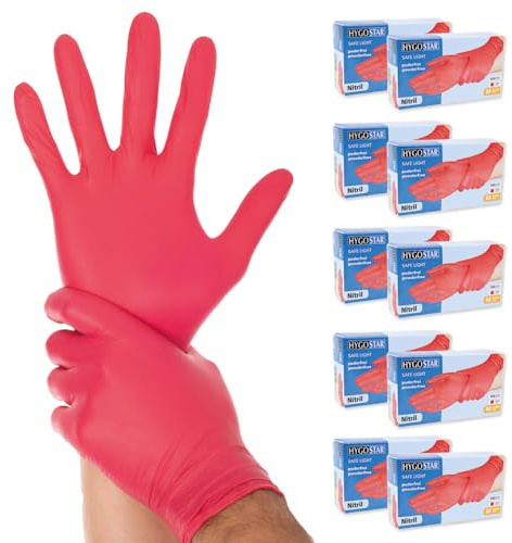 FRANZ MENSCH 1000x Hygostar Einweghandschuhe Safe Light, Einmalhandschuhe Größe S, reißfeste Nitrilhandschuhe, puderfrei, latexfreie Gummihandschuhe, Handschuhe Einweg, Rot in S, M, L, & XL