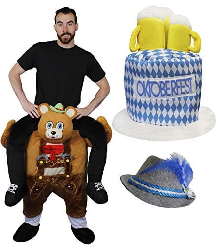Bavarian Bear Costume - Oktoberfest Pick Me Up & Beer Hat with 3 Stein Beer Glasses - Ride On Bavarian Costume - Adults - Fancy Dress
