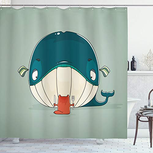 ABAKUHAUS Baleine Rideau de Douche, Chaton Manger énorme Poisson, Tissu Ensemble de Décor de Salle de Bain avec Crochets, 175 cm x 200 cm, Teal Vert Amande