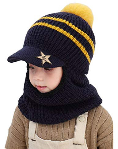 YONKOUNY Bambino Cappello Invernali Caldo Antivento Sciarpa con Cappuccio Passamontagna Cappello Inverno (Navy Blu)