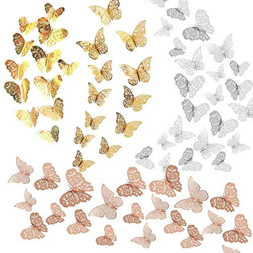 Allazone 72 Stück 3D Schmetterlinge Deko 3D Schmetterling Wandtattoo Schmetterling Aufkleber für Wohnzimmer, Kinderzimmer, Türen, Fenster, Badezimmer, Roségold, Gold, Silber