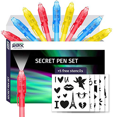 QBIX UV-Stift mit Lampe im 9er Pack, Geheimstifte in 3 unterschiedlichen Farben, Spion Kugelschreiber mit Licht, Zauberstifte Kinder für unsichtbares Schreiben inkl. 5 Schablonen