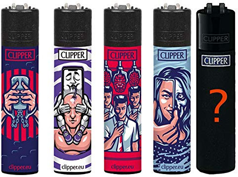 Clipper Original Lighter Flints 4 Set + 1 Überraschungsclipper Feuerzeug All u Need Schlüsselanhänger Flaschenöffner (Digital World)