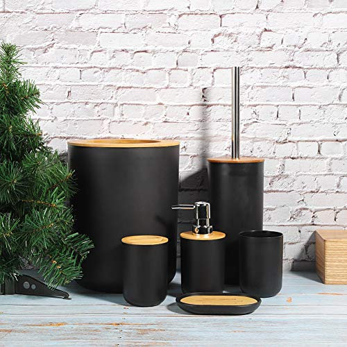 Badezimmer Set, Wakects 6 teiliges Badezimmerzubehör Set, Seifenspender, Zahnbürstenhalter, Spülbecher, WC-Bürstenhalter, Mülleimer, komplettes 6-teiliges Badezimmer-Set aus PP und Holz (schwarz)