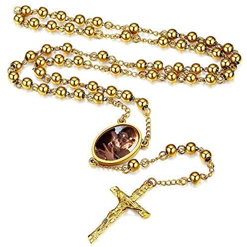 FaithHeart goldene Rosenkranz Halskette mit Bild Gravur Personalisierte Rosenkranz Kette für Damen Herren