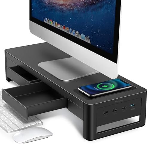 Meatanty 3 In 1 Monitor Stand Riser with 2 Storage Drawers,1 Wireless Charging Module and 4 USB Ports,Metal Computer Monitor Stand Supports Transfer Data and Charging,Desk Organizer for PC,Laptop,iMac