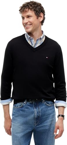 Tommy Hilfiger Pullover Uomo Cashmere V Neck Pullover in Maglia, Nero (Black), M