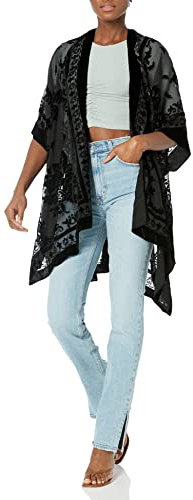 ANGIE Women's Burnout Velvet Kimono Transitional Jacket, Black, One Size
