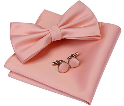Mens Rose Gold Bow Tie Solid Wedding Pre-tied Bowtie and Pocket Square Cufflink Set (UK0570-24)