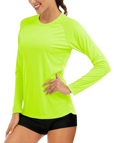 MAGCOMSEN Women's Athletic Fitted Running Shirt - Sun Protection, Lightweight, Long Sleeve, Fluorescent Green