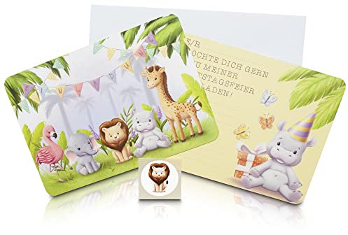 Milaboo® 12er Set Einladungskarten Kindergeburtstag Zootiere mit Premium Umschlägen und Stickern I Geburtstagseinladungen für Kinder I Made in Germany