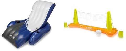Intex Floating Recliner Lounge - Aufblasbarer Badelounge, Mehrfarbig, 180 x 135 cm & Pool Volleybal Game - Aufblasbares Wasserballspiel - Volleyballnetz - 239 x 64 x 91 cm