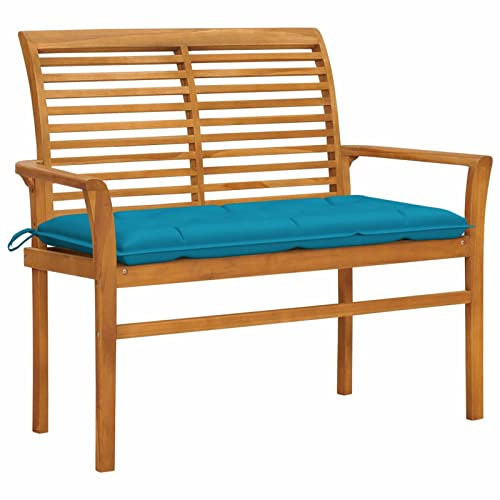 Gecheer Gartenbank mit Hellblauer Auflage Parkbank Sitzbank Massivholzbank Terrassenbank Holzbank Balkonbank Gartenmöbel Bank für Balkon, Terrasse & Garten, 112 cm Massivholz Teak
