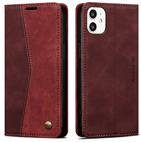 QLTYPRI Wallet Case for iPhone 12/iPhone 12 Pro, Vintage PU Leather Folio Case with Card Slots Kickstand Magnetic Closure Shockproof Flip Phone Cover - Wine Red