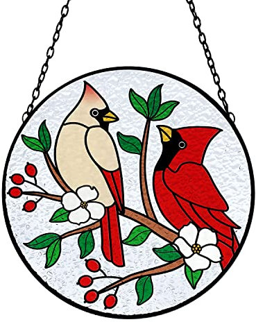 Cardinal Buntglas-Sonnenfänger roter Vogel, Sonnenfänger, Kardinalglas, Wandfenster, hängende Ornament, handbemalte Glasscheibe, Dekoration, Weihnachten, Vogelliebhaber, 16.3x17.6 cm