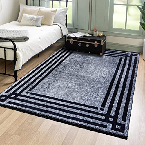 Mazovia Modern Teppich - Kurzflor Waschbar - Weich Teppich für Wohnzimmer, Schlafzimmer, Esszimmer – Teppiche Bordüre - Grau 160 x 230 cm