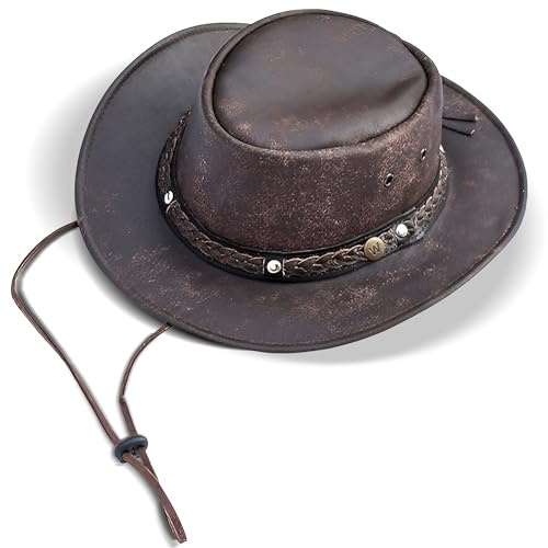 Wombat Australian Leather Hat, Brown Men’s Cowboy Hats with Chin Strap Women’s Foldable Bush Aussie Adventure Safari Outback, The Wilds - Large