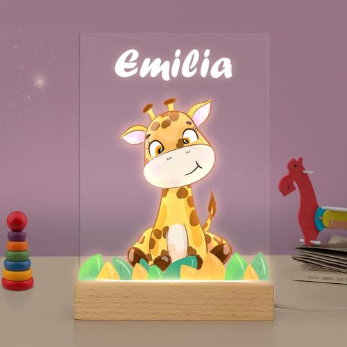 Transparent Gift Lámpara Infantil Personalizada con Nombre Jirafa. Luz Quitamiedos Infantil. Luz de Noche para Niños, Bebés. Lámparas Personalizadas de Metacrilato Luces LED. Regalo Bautizo Niño, Niña