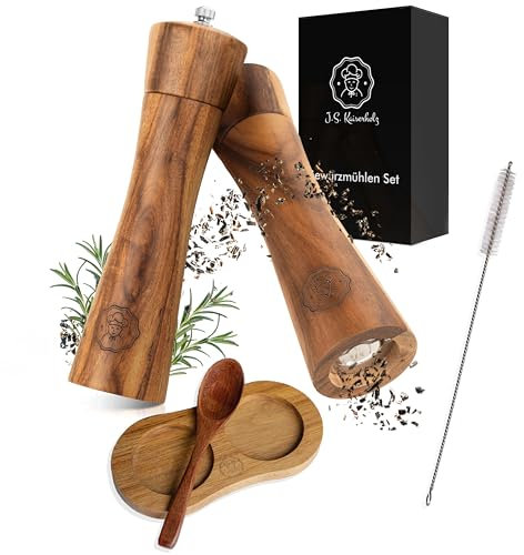 J.S. Kaiserholz Salz und Pfeffermühle Holz inkl. Untersetzer, Löffel, Reinigungspinsel | Gewürzmühlen Set mit Keramikmahlwerk | Salzmühle und Pfeffermühle in edler Geschenke Box (21,5 cm)