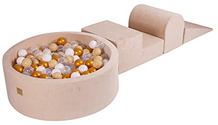 MEOWBABY Spielplatz aus Schaumstoff mit Bällebad 240x45cm - Schaumspielset mit 200 Bälle für Kinder, Velvet, Ecru: Golden/Beige/Weiß/Transparent