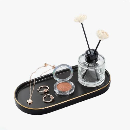 Luxspire Bathroom Vanity Tray, Ceramic Dresser Jewelry Dish with Golden Rim, Decorative Tray Countertop Sink Storage Holder Organizer for Soap Candles Perfume Cosmetic Home Decor, Small, Matte Black