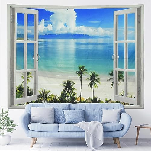 Wandteppich mit Fenster 200x150cm, Tapisserie Wandbehang Aesthetic Wand Teppich Polyester, Meer Strand Wald Natur Ozean Wandtuch Motiv, Wandbehänge Deko für Schlafzimmer Wohnzimmer Home Office (B)