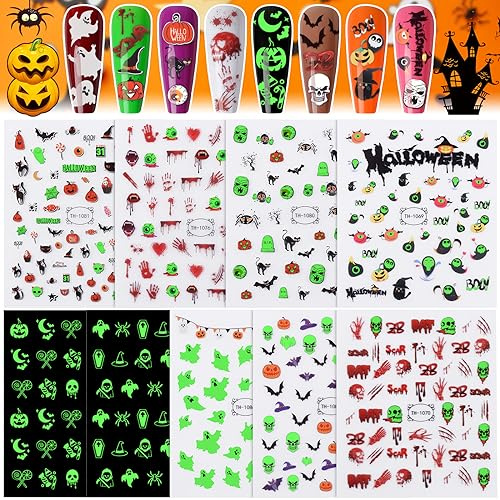 Kalolary Halloween Luminous Nail Art Stickers, 9PCS Halloween Pattern Fluorescent Glow in The Dark Nail Stickers, Self-Adhesive Bat Pumpkin Ghost Spider Skull Nail Art Decoration Design Supplies (B)