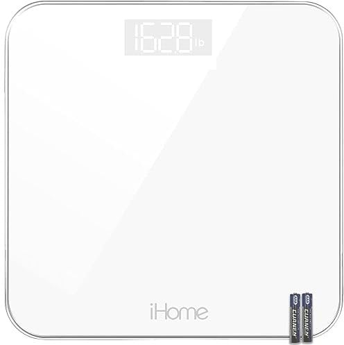 Digital Step On Bathroom Scale - iH iHome High Precision Body Weight Scale - Battery Powered with LCD Display - Great for Home Gym - 396 lb (White)