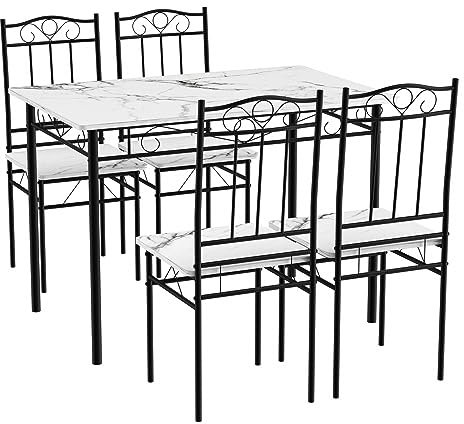 LafeuR Tisch und Stühle Set, Küchentisch-Set aus Schwarze Metallbeine, Esszimmertisch mit 2 Stühlen für Esszimmer, Küche, Wohnzimmer, Weißer Marmor (5-teiliges Set)