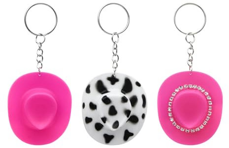 LuckyOpt Lot de 3 porte-clés en forme de chapeau de cowboy de 5,5 cm avec strass brillants, porte-clés fantaisie pour chambre, voiture, sac à main, téléphone portable, Blanc + marron + rose et blanc,